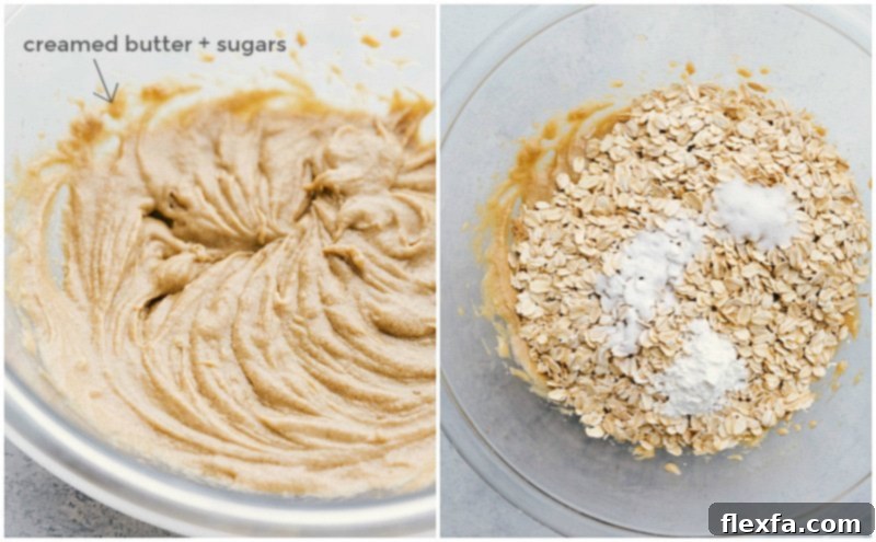 Achieving the Perfect Oatmeal Chocolate Chip Cookie Dough: Key Steps for Soft, Chewy, and Buttery Results Every Time. Process shot showing the initial mixing of butter and sugars for oatmeal chocolate chip cookies, illustrating the creamy texture of the wet ingredients before adding dry components.