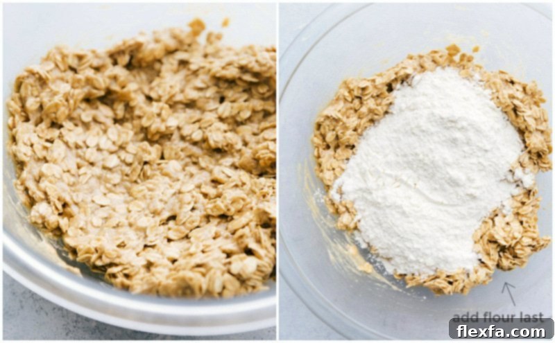 Mixing the Wet and Dry Ingredients for Perfectly Soft and Chewy Oatmeal Chocolate Chip Cookies. Process shot of the wet ingredients for oatmeal chocolate chip cookies mixed to a creamy consistency, with flour being added next to form the dough.