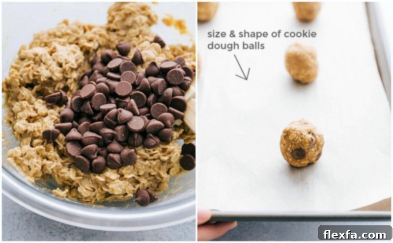 From Dough to Delicious: Essential Steps for Rolling and Shaping Perfect Oatmeal Chocolate Chip Cookies. Process shots of creating Oatmeal Chocolate Chip Cookies – showing the perfectly mixed dough ready for chilling on the left, and ideal size and shape to roll the cookie dough balls on the right, ensuring consistency.