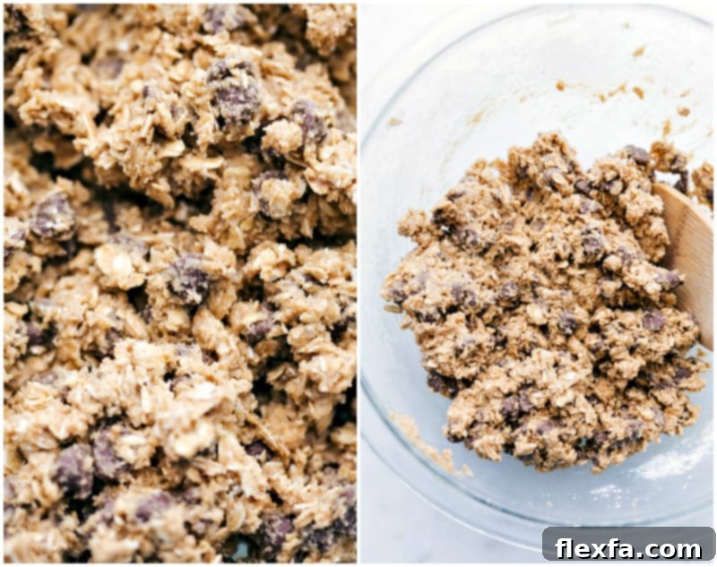 Ready to Chill: The Perfect Oatmeal Chocolate Chip Cookie Dough, Essential for Preventing Spread and Enhancing Flavor. Process shot of the finished oatmeal chocolate chip cookie dough, perfectly mixed and ready to be chilled before baking for optimal texture.