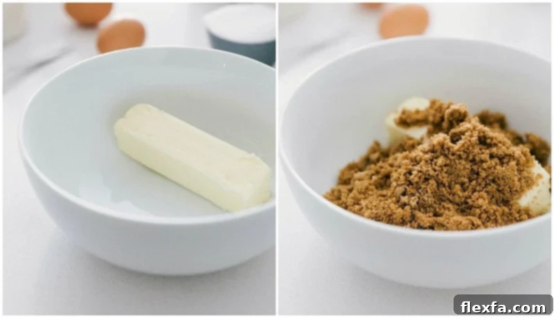 Process shot of making Oatmeal Cookies, showing butter, brown sugar, and white sugar being creamed together in a bowl