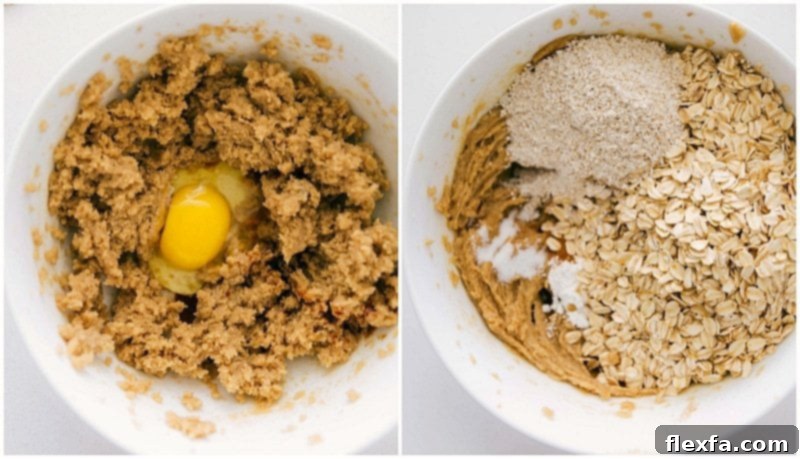 Process shot of making Oatmeal Cookies, showing wet ingredients on the left and dry ingredients freshly added on top, ready for mixing