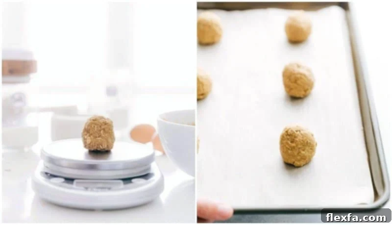 Process shot of making Oatmeal Cookies, showing dough balls scooped and weighed on a tray, ready for baking