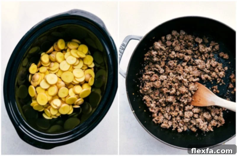 Process photos showing browning sausage and assembling ingredients in the slow cooker for cheesy potatoes.