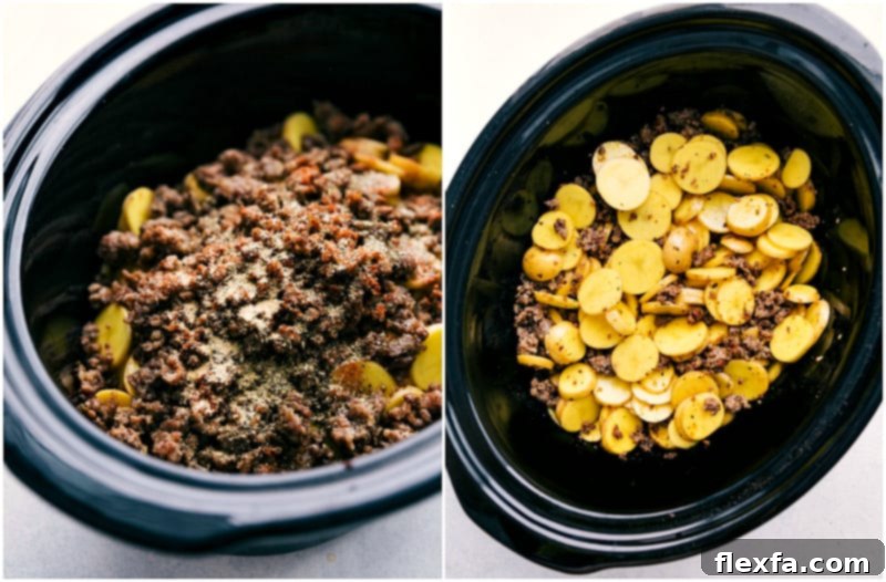 Assembling Crockpot Cheesy Potatoes with layers of ingredients