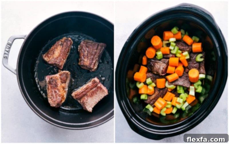 Searing Beef Short Ribs and Sautéing Vegetables Process shots showing the browning of beef short ribs in a Dutch oven, followed by the addition of aromatic vegetables.