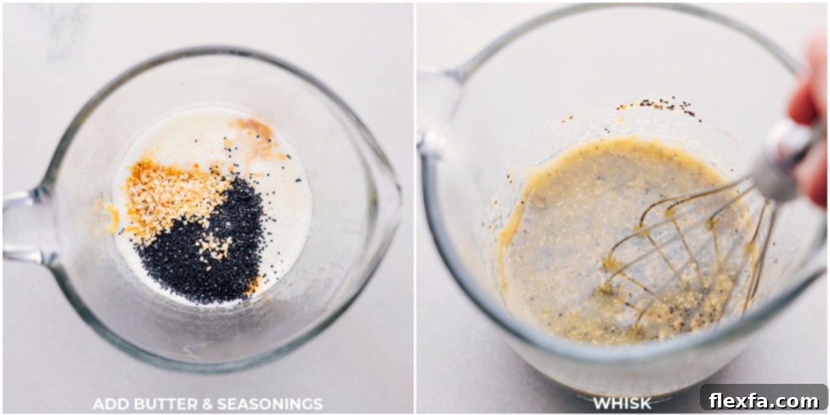 Melted butter, Dijon mustard, poppy seeds, dried minced onion, garlic powder, Worcestershire sauce, salt, and pepper whisked together in a glass measuring cup for the slider topping.