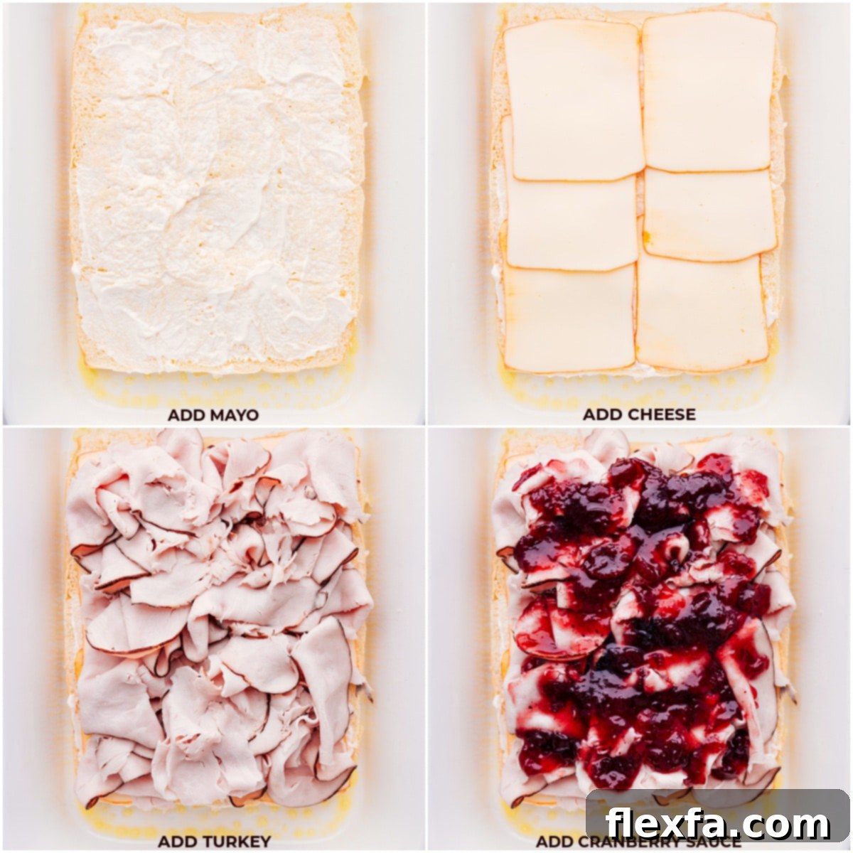 Hawaiian rolls loaded with mayonnaise, cheese, sliced turkey, and cranberry sauce, ready for the top layer and baking.