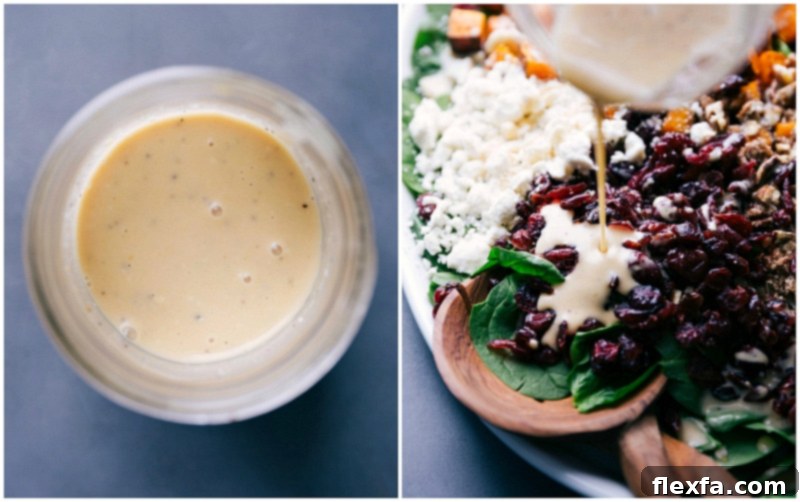 Maple-Dijon dressing in a Mason jar, and being poured over the Butternut Squash Salad for serving.