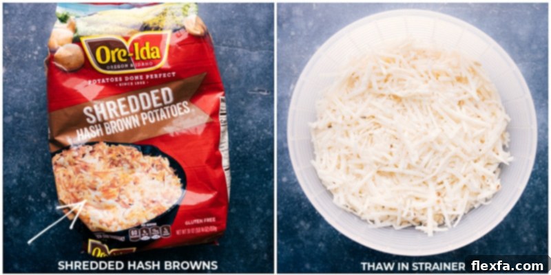 Potatoes Used In This Funeral Potatoes Recipe Thawing frozen shredded hash browns in a colander, ready for the creamy Funeral Potatoes casserole.