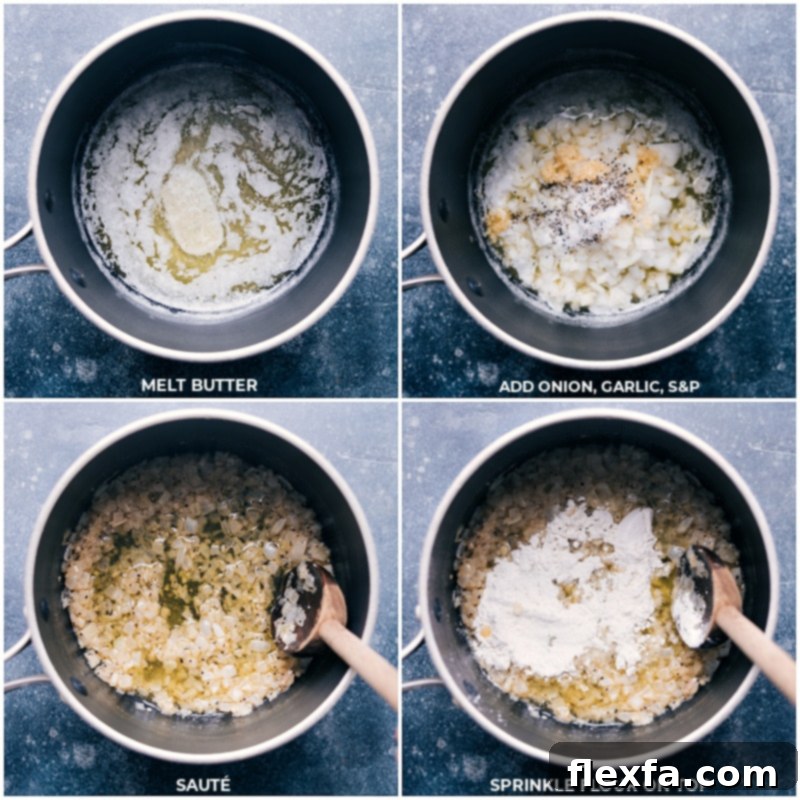 How To Make Funeral Potatoes Recipe Unsalted butter, finely diced yellow onion, minced garlic, and flour sautéing in a large pot, forming the aromatic base for the creamy sauce of these Funeral Potatoes.