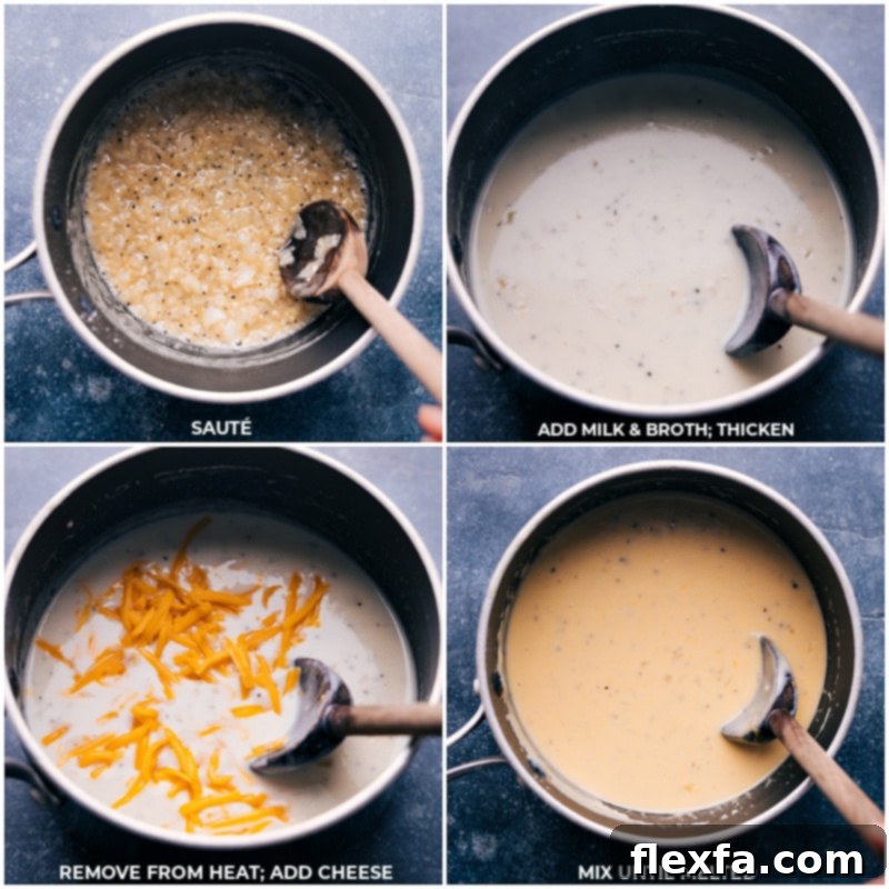 How To Make Cream Sauce For Funeral Potatoes Creamy sauce ingredients, including milk, chicken broth, and flour, cooking together in a pot to achieve a smooth, thickened consistency for the Funeral Potatoes.