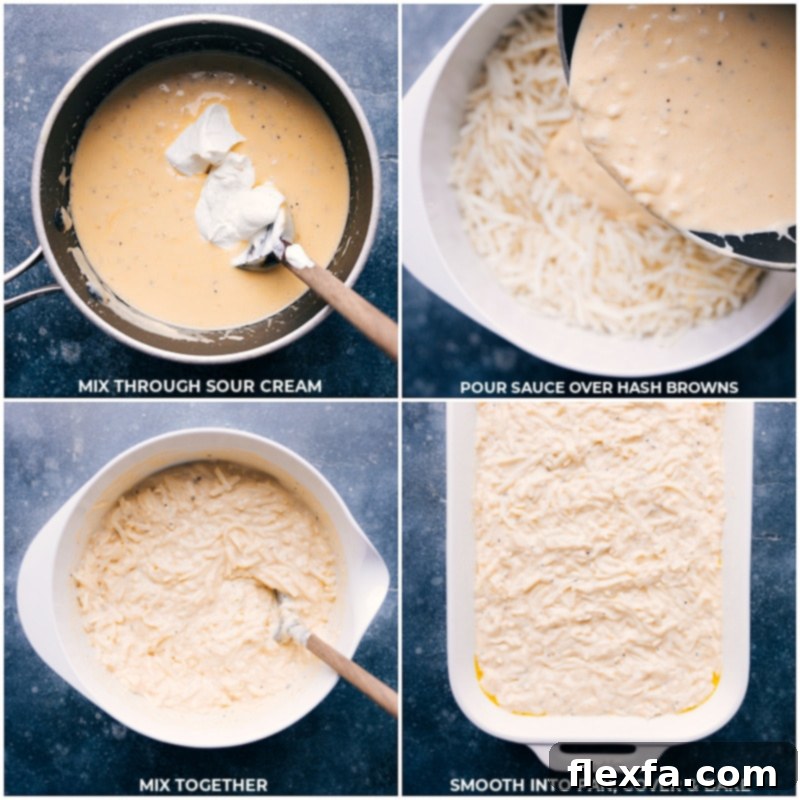 Casserole Funeral Potatoes Creamy sour cream being stirred into the rich cheese sauce, which is then poured over a bed of thawed hash browns for the Funeral Potatoes casserole.