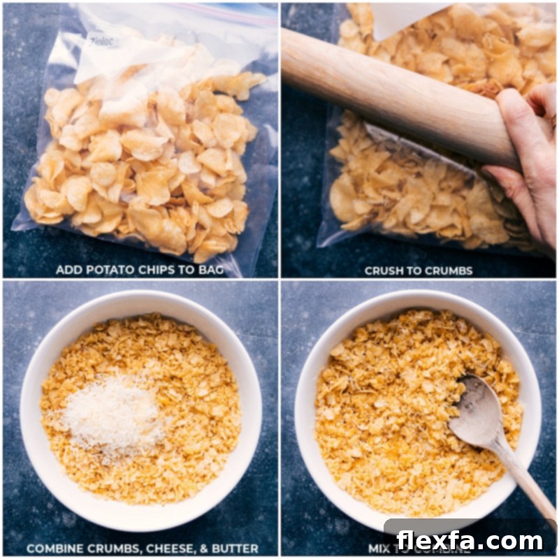 Crispy Crumb Topping For Funeral Potatoes Kettle-cooked potato chips crushed into fine crumbs and mixed with Parmesan cheese and melted butter, ready to form the crispy topping for Funeral Potatoes.