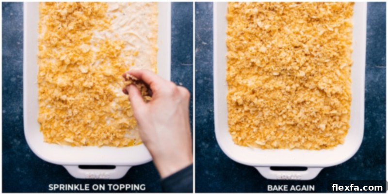Baking Casserole Funeral Potatoes The crispy topping, a mix of crushed potato chips, Parmesan, and butter, sprinkled over the par-baked Funeral Potatoes casserole, ready for its final bake to golden perfection.