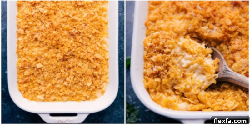 Enjoy Creamy And Delicious Funeral Potatoes A full baking dish of freshly baked Funeral Potatoes, golden brown with a crispy topping and bubbling cheese, ready to be served.