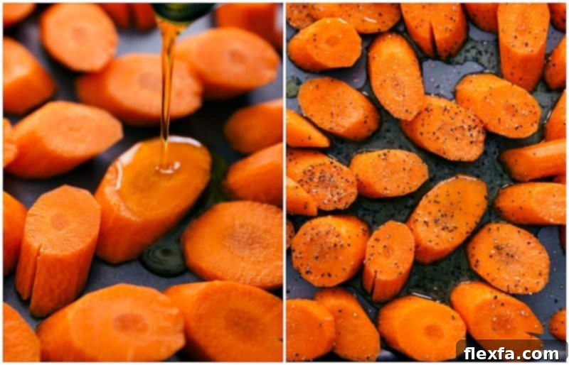 Roasted Carrots A Dynamic Duo 2 Olive oil and seasonings being tossed with chopped carrots on a baking sheet, ready for roasting.
