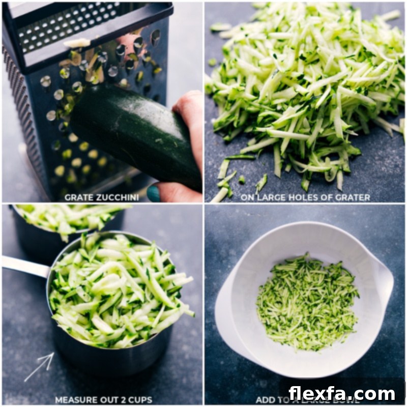 A hand grating zucchini on the large holes of a box grater, preparing it for a Zucchini Bread Recipe.