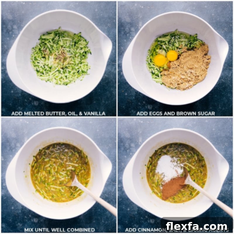 Mixing melted butter, oil, vanilla, eggs, and brown sugar into a large bowl, followed by cinnamon, salt, and baking agents for this Zucchini Bread Recipe.