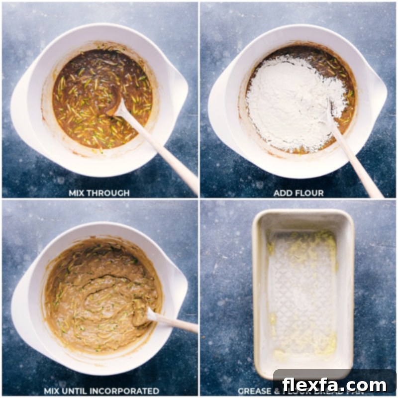 Mix the Zucchini Bread Recipe batter well, then briefly add flour. Finally, grease and flour a loaf pan before pouring in the batter.