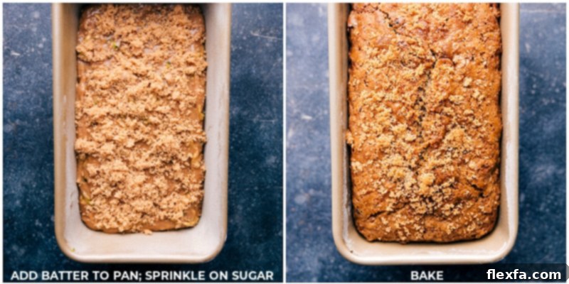 The Zucchini Bread Recipe batter is carefully placed in a bread pan with a sprinkle of sugar on top, and the finished, golden-brown bread after baking.
