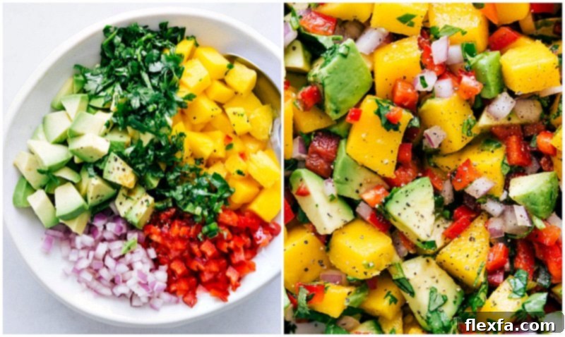 A bowl of freshly cut mango cubes, ready to be enjoyed as a snack or added to a delicious recipe, alongside other fresh ingredients.