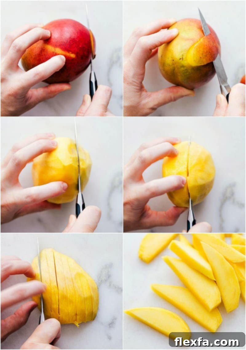 A multi-step image showing how to peel a mango with a peeler, then slice it into strips and cubes on a cutting board.