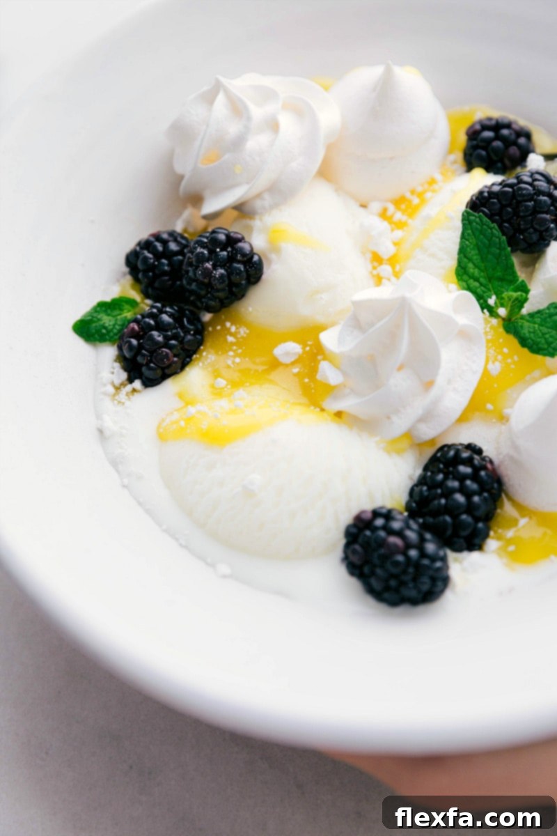 A vibrant dessert featuring meringue cookies, lemon-blackberry frozen yogurt, and fresh berries, showcasing a delightful texture contrast.