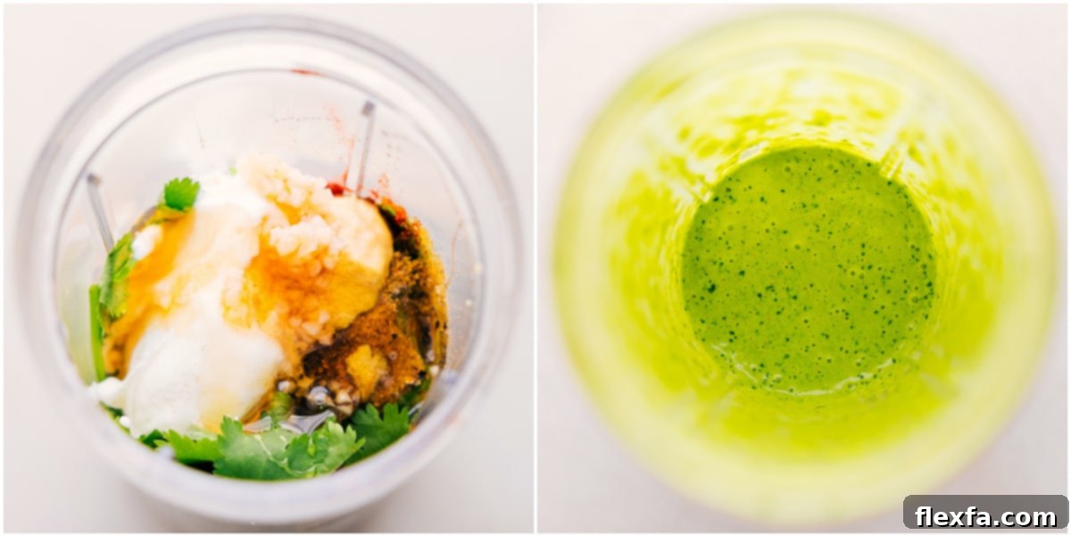 Cilantro dressing ingredients blending together in a small blender to achieve a smooth, creamy consistency.