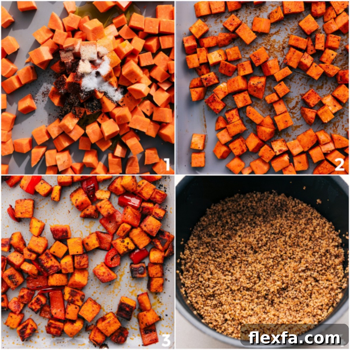 Sweet potatoes roasting evenly on a baking sheet and quinoa cooking in a pot, demonstrating proper preparation steps for the Quinoa Black Bean Salad.