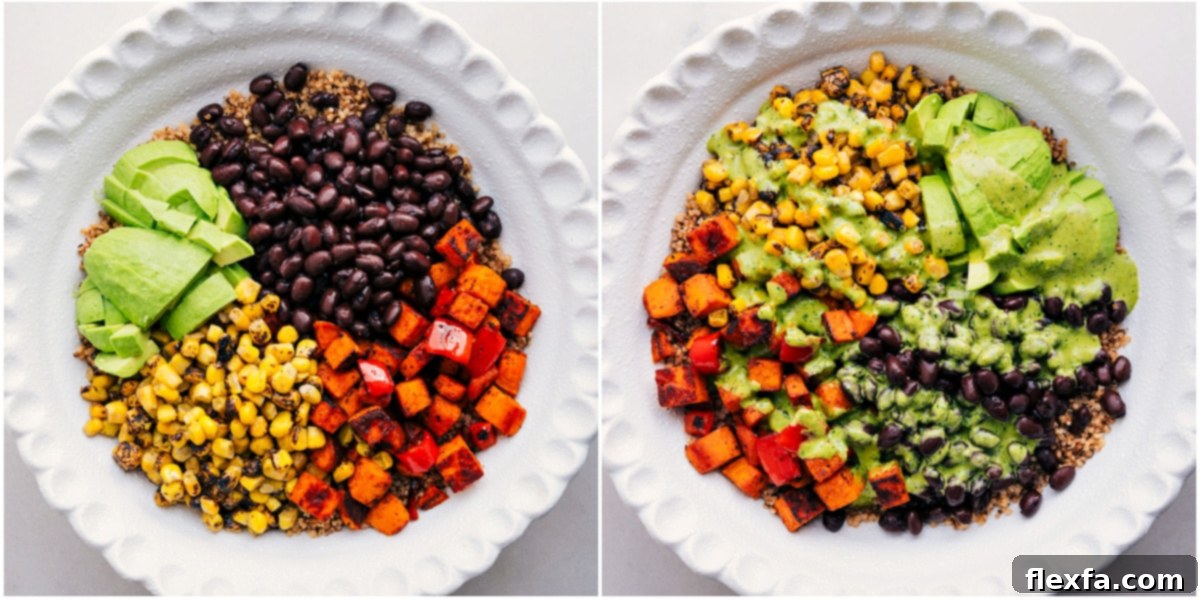 All the prepared ingredients, including cooked quinoa, roasted sweet potatoes, black beans, corn, and bell pepper, combined in a large bowl and dressed with cilantro dressing, ready to be served.