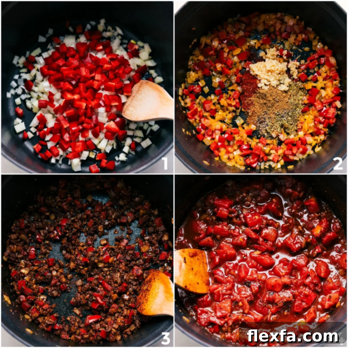 Onion and red bell pepper sautéing in a large pot with spices, before the addition of diced tomatoes, for the vegetarian chili base.