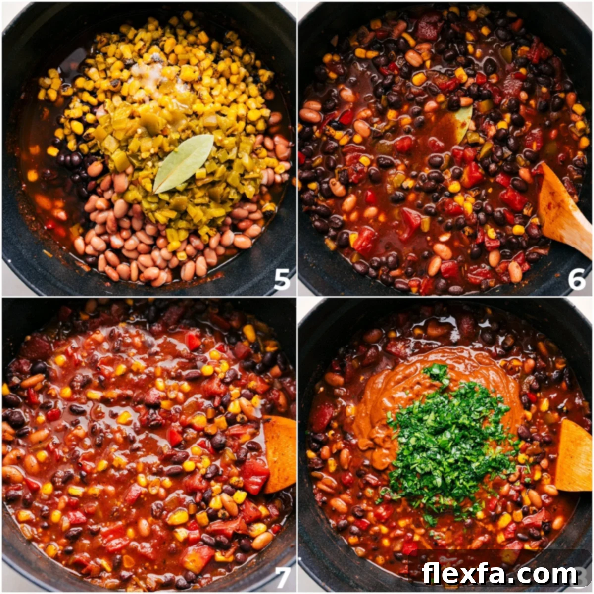A large pot of vegetarian chili simmering on the stove, with a portion being transferred to a blender for a smoother consistency, featuring various beans, chiles, and broth.