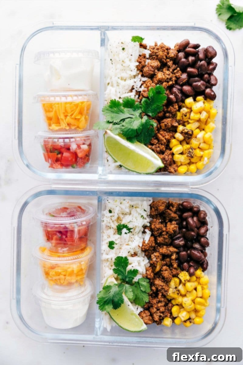 Taco Bowl meal prep containers with fresh ingredients