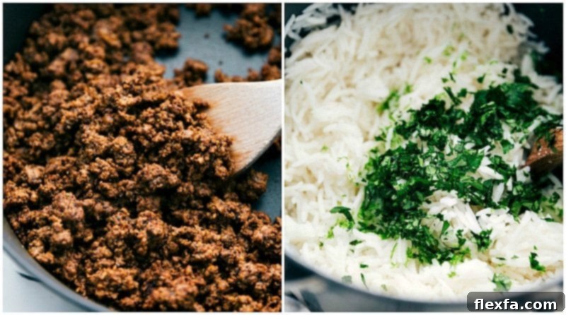 Ground Beef and Cilantro-lime rice side by side for Taco Bowls