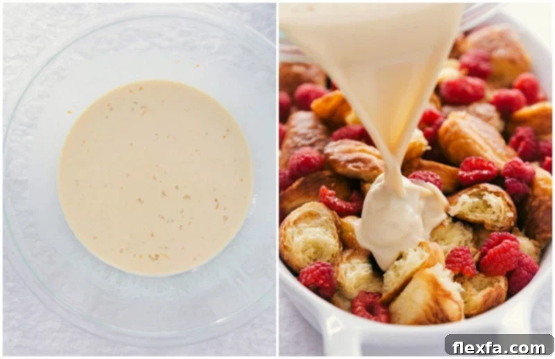 A stream of luscious, golden vanilla sauce gracefully drizzling over a warm, freshly baked croissant breakfast bake, enhancing its appeal and flavor. The sauce cascades over the golden crust, creating an irresistible visual.