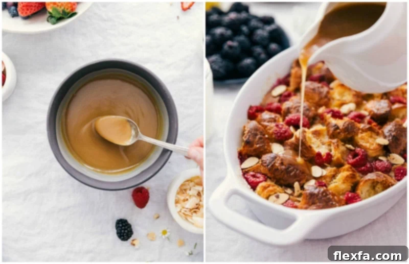 A generous pour of homemade sweet vanilla sauce cascading over the top of a warm, golden-brown Croissant Breakfast Bake, ready to be served and enjoyed. The perfect finishing touch to this indulgent dish, adding rich flavor and visual appeal.