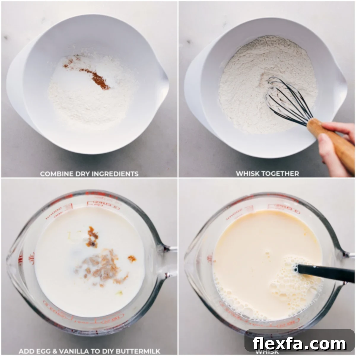 Detailed step-by-step imagery showing the process of mixing dry pancake ingredients together and then preparing homemade buttermilk by combining milk and vinegar for the perfect old-fashioned pancake recipe.