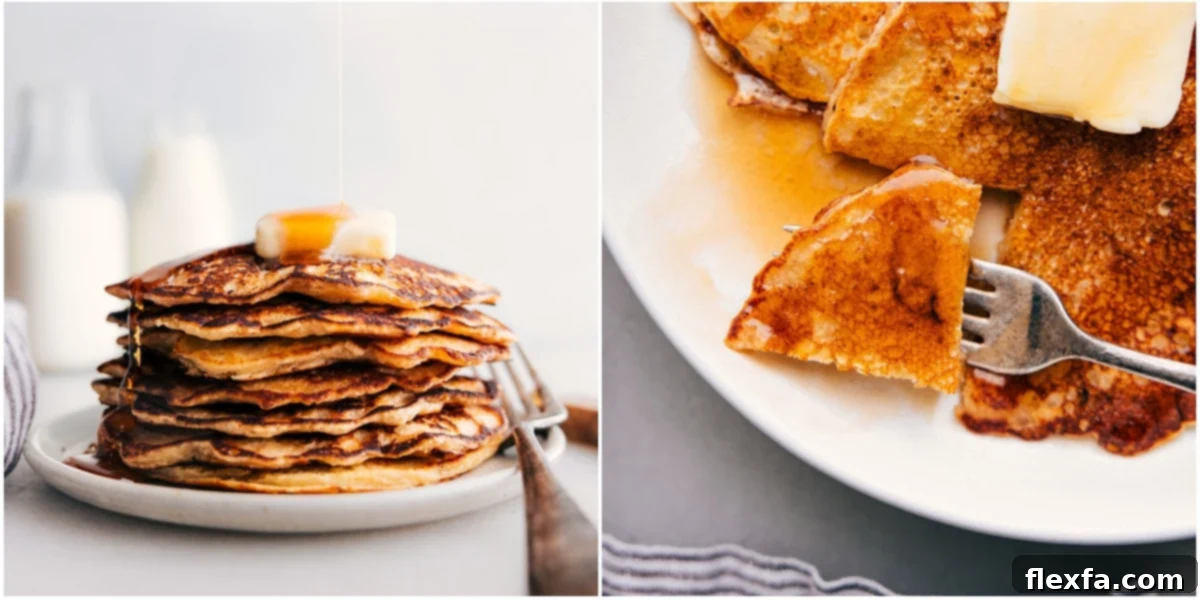 A beautifully arranged breakfast plate featuring a stack of homemade Old-Fashioned Pancakes, glistening with maple syrup and garnished with fresh berries, inviting enjoyment.