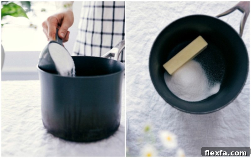 Process shot showing unsalted butter and granulated sugar being added to a saucepan, ready to be melted