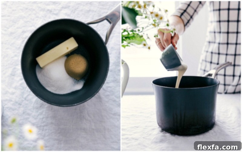 Process shot of light brown sugar and heavy cream being poured into the saucepan with melted butter and granulated sugar