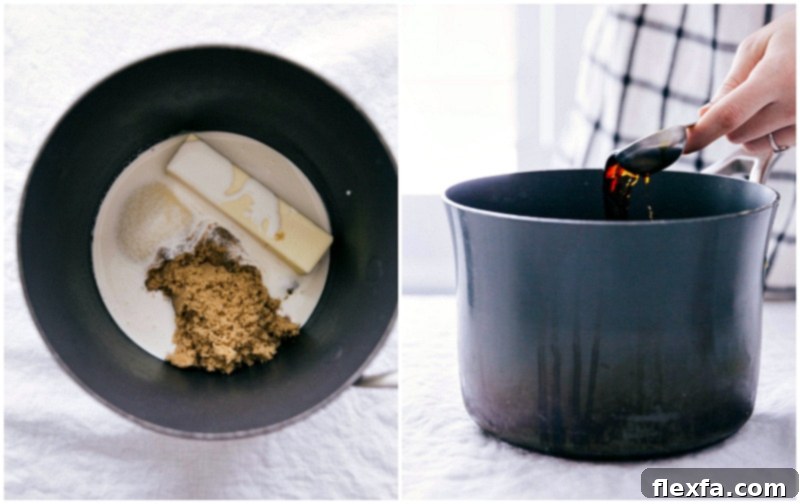 Process shot of rich vanilla extract being stirred into the warm, creamy sauce in a saucepan