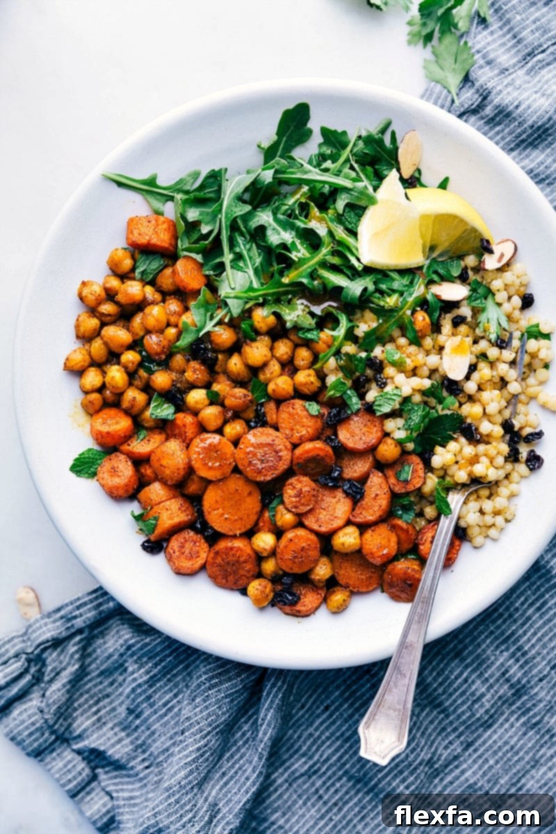 Moroccan Carrot Salad, a vibrant dish with roasted carrots, chickpeas, and couscous