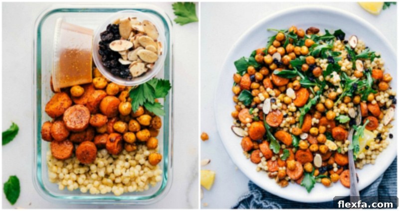 Moroccan Carrot Salad presented in a bowl and in meal prep containers