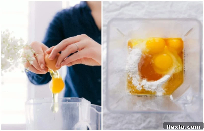 Image demonstrating the process of adding eggs to the crepe mixture in a blender, a crucial step for a smooth batter.