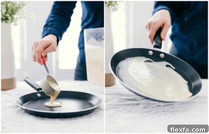 Action shot of crepe batter being poured into a hot non-stick pan and swirled to create a perfect thin crepe.
