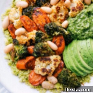 Pesto Vegetable Bowls with roasted veggies and couscous.