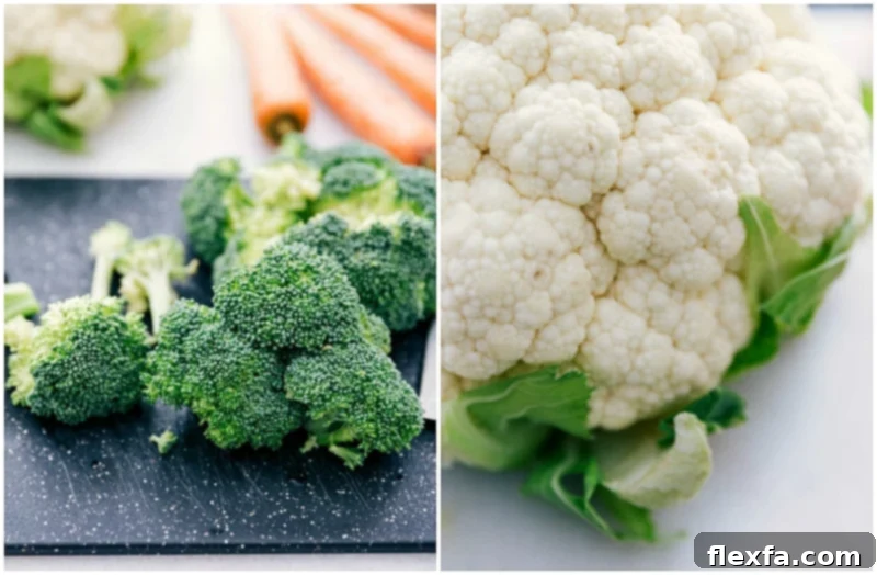 A visual representation of the fresh, crisp broccoli and cauliflower florets that form the hearty base of these vibrant Pesto Veggie Bowls. Image of fresh broccoli and cauliflower florets, prepped and ready to be used in these Pesto Veggie Bowls.