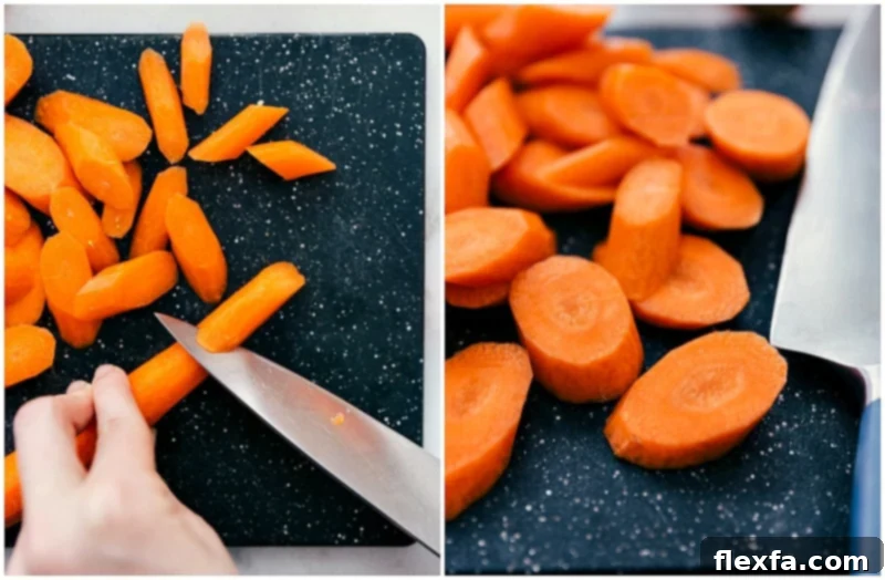 Detailed image of carrots being prepared and sliced, a key component alongside perfectly roasted cauliflower, broccoli, and white beans, for the flavorful Pesto Vegetable Bowl served over 5-minute pesto couscous. Carrots being expertly chopped and prepped for incorporation into this delightful Pesto Vegetable Bowl dish.