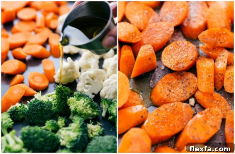 An overhead shot depicting olive oil drizzled over the vibrant mix of cauliflower, broccoli, and carrots, ready for roasting to create these delectable Pesto Veggie Bowls. Overhead image of olive oil being generously added to the prepared vegetables, moments before they are roasted for these flavorful Pesto Veggie Bowls.